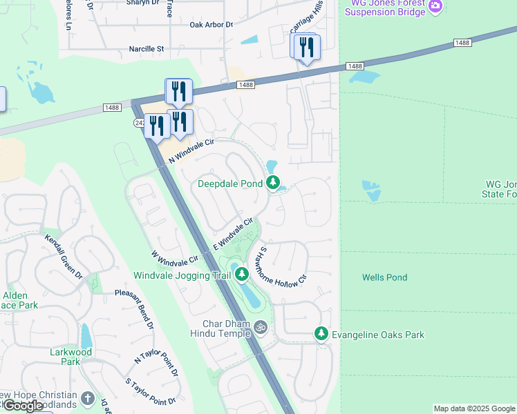 map of restaurants, bars, coffee shops, grocery stores, and more near 58 Trilling Bird Place in Conroe