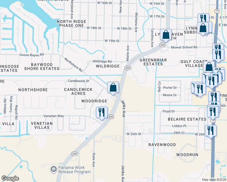 map of restaurants, bars, coffee shops, grocery stores, and more near 4134 Northshore Road in Lynn Haven