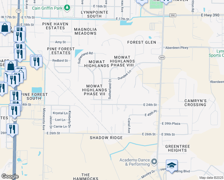 map of restaurants, bars, coffee shops, grocery stores, and more near 1208 Sutherland Plaza in Lynn Haven