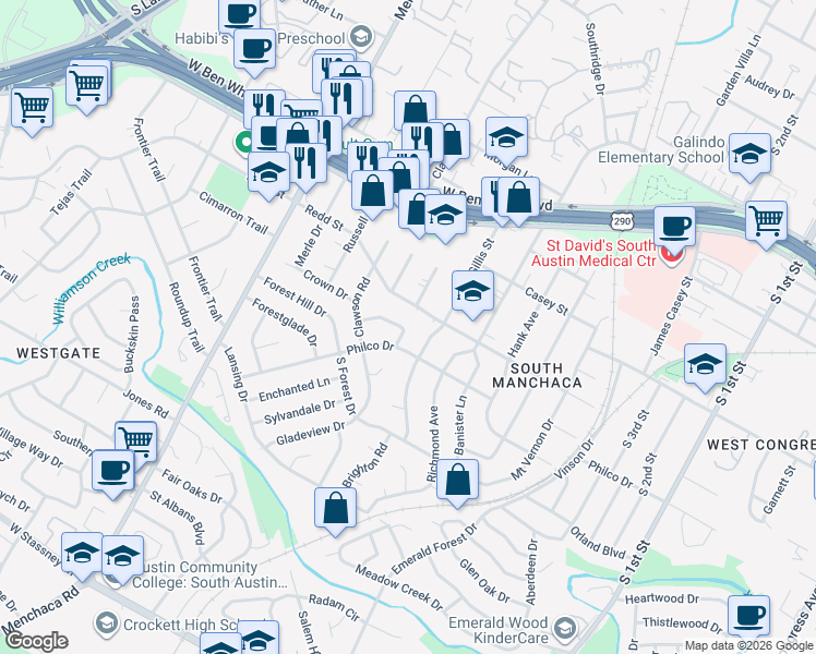 map of restaurants, bars, coffee shops, grocery stores, and more near 4505 Banbury Bend in Austin