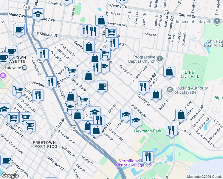map of restaurants, bars, coffee shops, grocery stores, and more near 900 Saint Charles Street in Lafayette