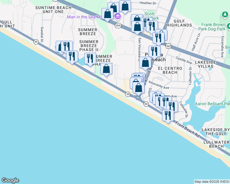 map of restaurants, bars, coffee shops, grocery stores, and more near 17205 Front Beach Rd in Panama City Beach