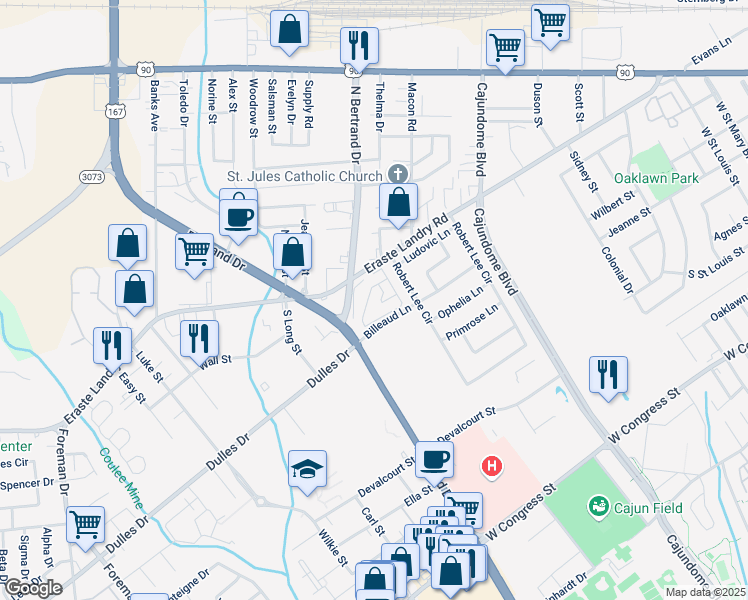 map of restaurants, bars, coffee shops, grocery stores, and more near 1400 Bertrand Drive in Lafayette