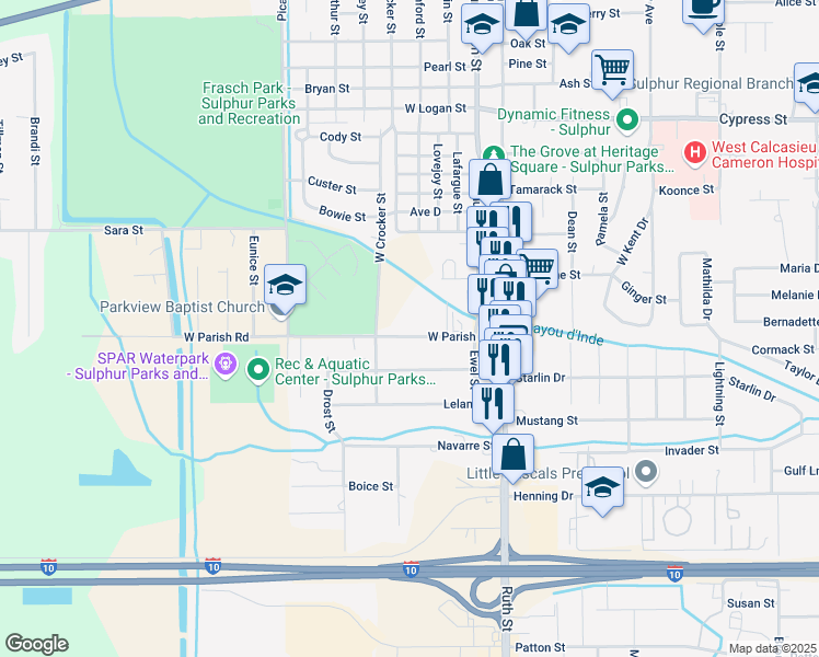 map of restaurants, bars, coffee shops, grocery stores, and more near 319 West Parish Road in Sulphur