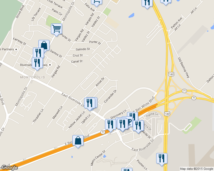 map of restaurants, bars, coffee shops, grocery stores, and more near 7528 Cayenne Lane in Austin
