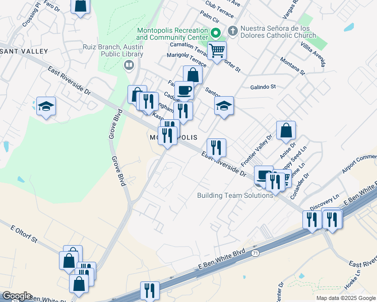 map of restaurants, bars, coffee shops, grocery stores, and more near 2101 Montopolis Drive in Austin