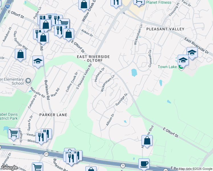 map of restaurants, bars, coffee shops, grocery stores, and more near 2501 Wickersham Lane in Austin