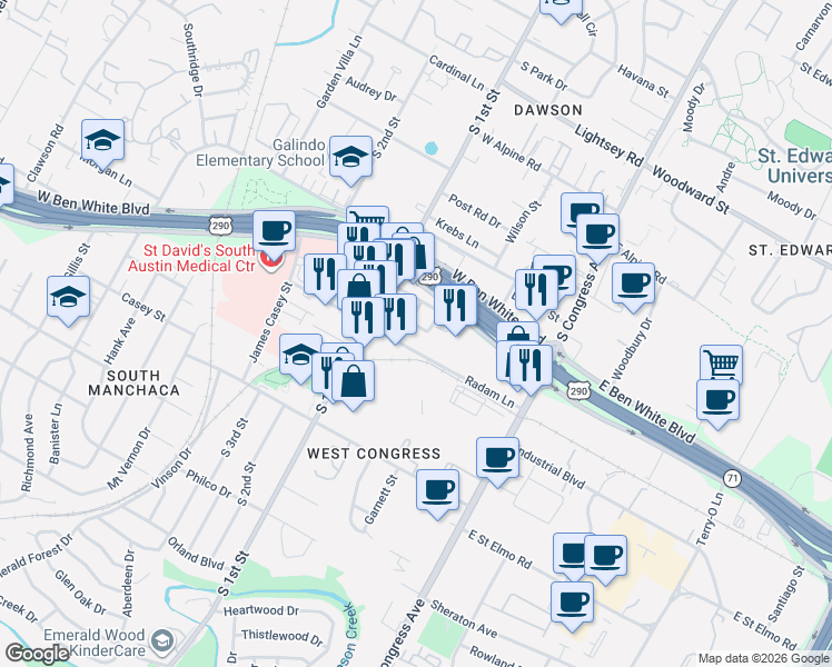 map of restaurants, bars, coffee shops, grocery stores, and more near 312 1/2 Radam Lane in Austin
