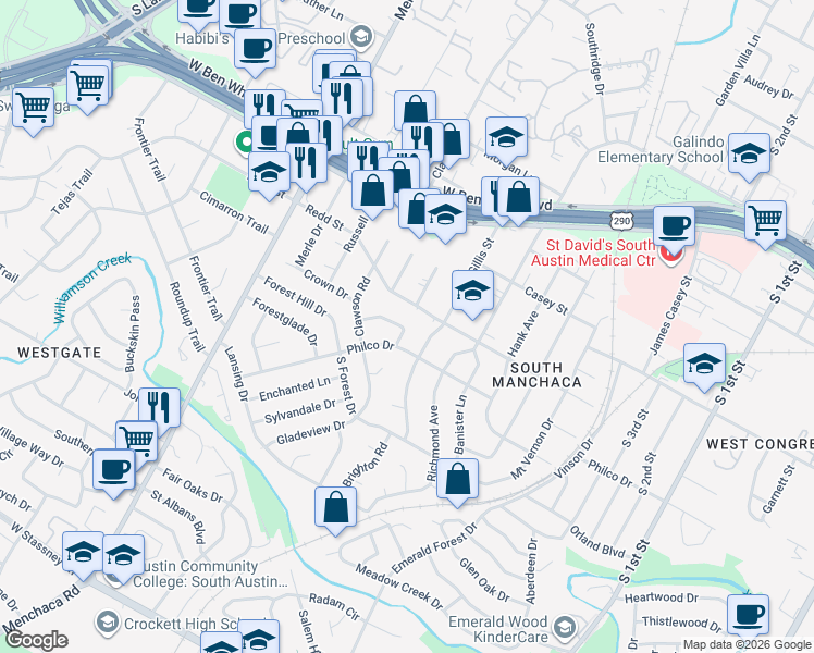map of restaurants, bars, coffee shops, grocery stores, and more near 4505 Banbury Bend in Austin
