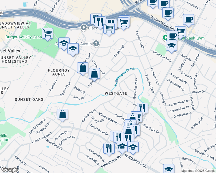 map of restaurants, bars, coffee shops, grocery stores, and more near 2414 Jones Road in Austin