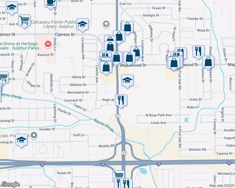 map of restaurants, bars, coffee shops, grocery stores, and more near 1634 Beglis Parkway in Sulphur