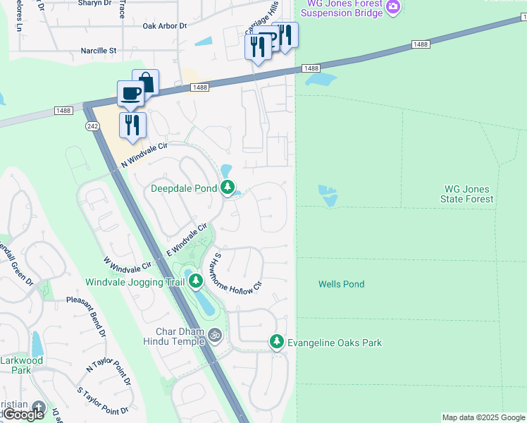 map of restaurants, bars, coffee shops, grocery stores, and more near 15 Sleeping Creek Place in Conroe