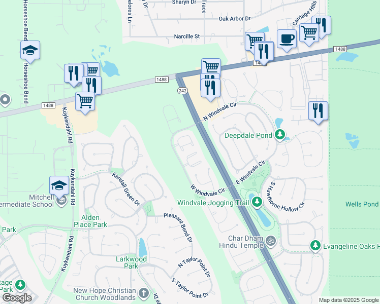 map of restaurants, bars, coffee shops, grocery stores, and more near 15 Marble Rock Place in Spring