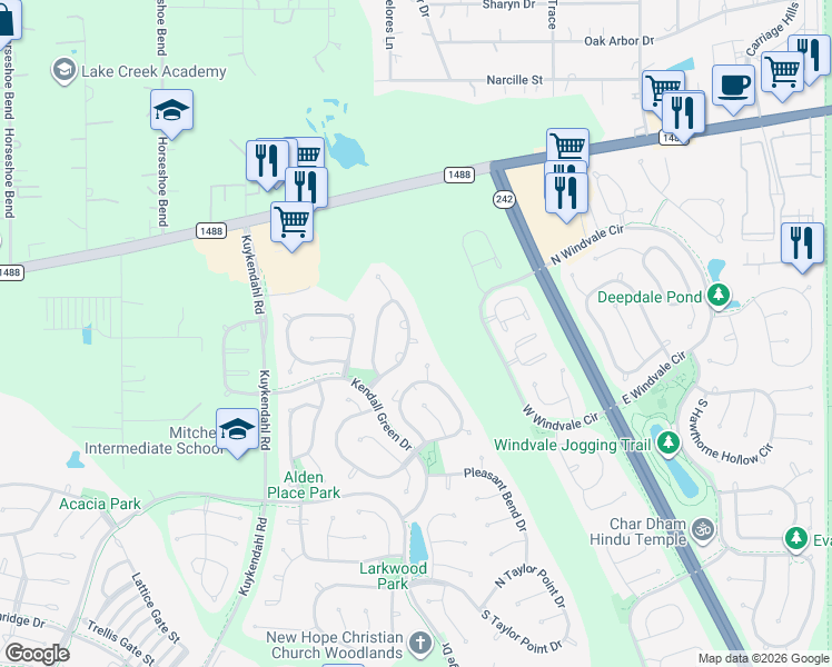 map of restaurants, bars, coffee shops, grocery stores, and more near 46 Legend Mill Court in The Woodlands