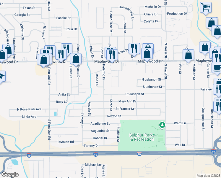 map of restaurants, bars, coffee shops, grocery stores, and more near 2517 Saint Joseph Street in Sulphur