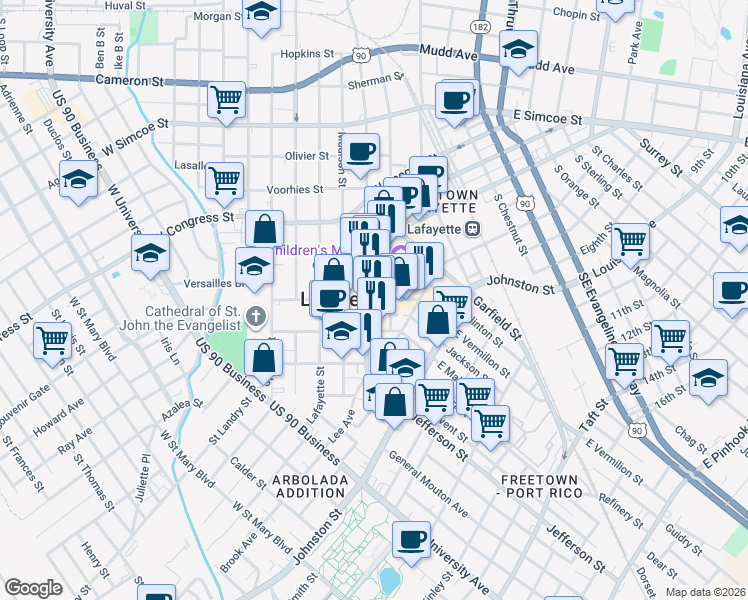 map of restaurants, bars, coffee shops, grocery stores, and more near 108 East Vermilion Street in Lafayette