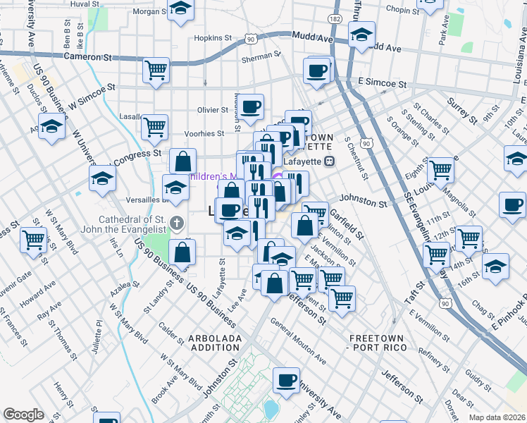 map of restaurants, bars, coffee shops, grocery stores, and more near 108 East Vermilion Street in Lafayette