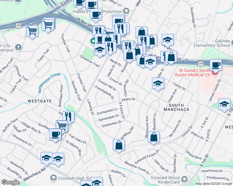 map of restaurants, bars, coffee shops, grocery stores, and more near 1701 Forest Hill Drive in Austin