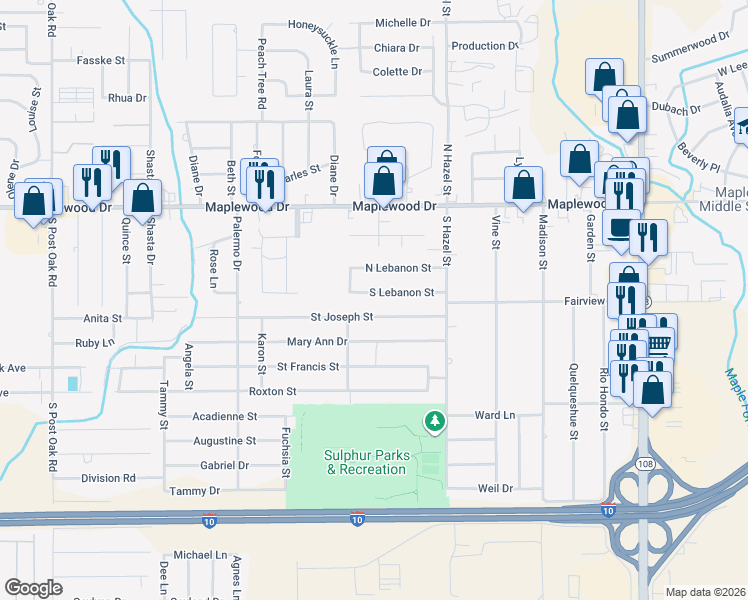 map of restaurants, bars, coffee shops, grocery stores, and more near 2711 Saint Joseph Street in Sulphur
