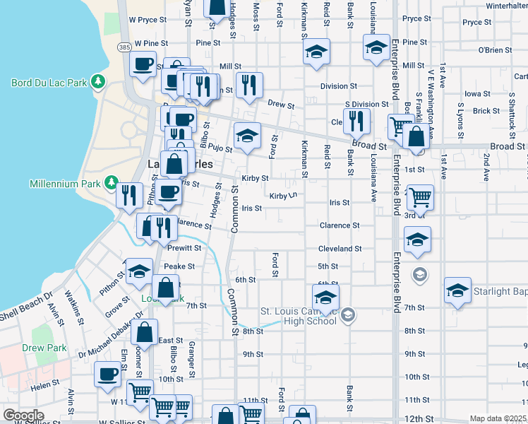 map of restaurants, bars, coffee shops, grocery stores, and more near 636 Iris Street in Lake Charles