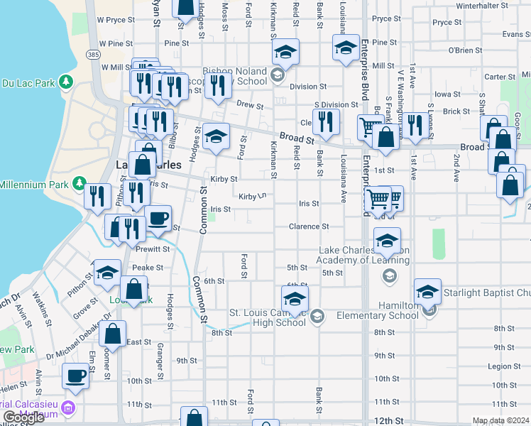 map of restaurants, bars, coffee shops, grocery stores, and more near 730 Iris Street in Lake Charles