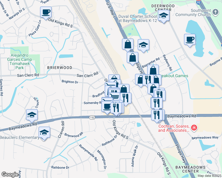 map of restaurants, bars, coffee shops, grocery stores, and more near 8607 Winchester Drive in Jacksonville