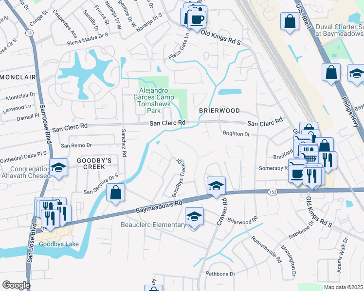 map of restaurants, bars, coffee shops, grocery stores, and more near 8645 Goodbys Trace Drive in Jacksonville