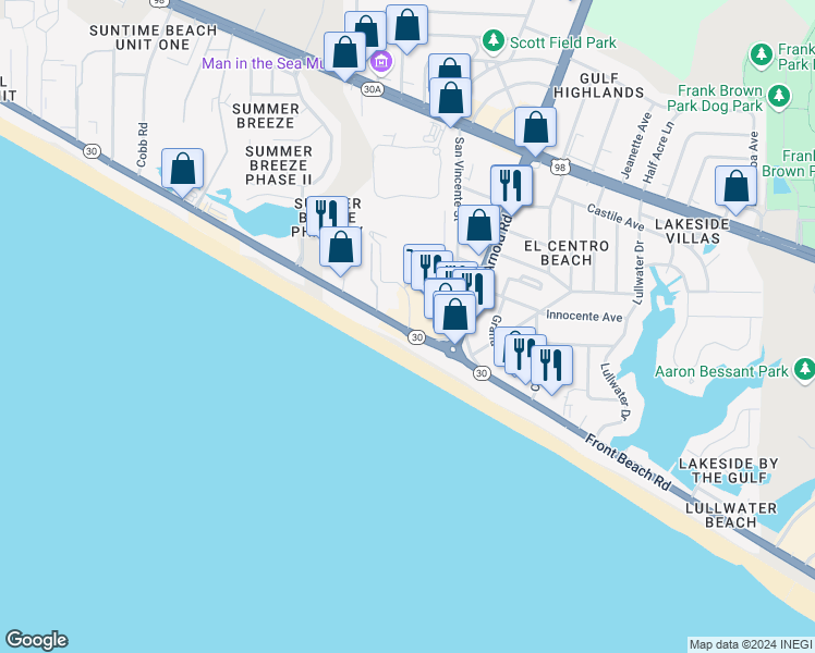 map of restaurants, bars, coffee shops, grocery stores, and more near 17175 Front Beach Road in Panama City Beach