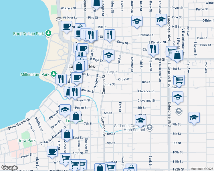 map of restaurants, bars, coffee shops, grocery stores, and more near 624 1/2 Iris Street in Lake Charles