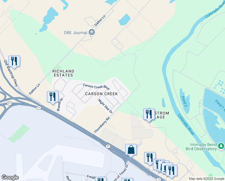 map of restaurants, bars, coffee shops, grocery stores, and more near 9607 Carson Creek Boulevard in Del Valle