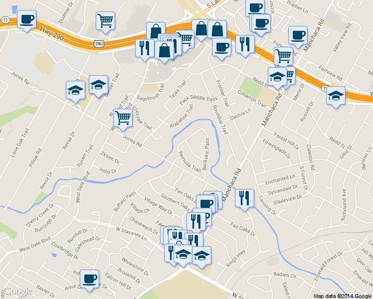 map of restaurants, bars, coffee shops, grocery stores, and more near 2301 Laramie Trail in Austin