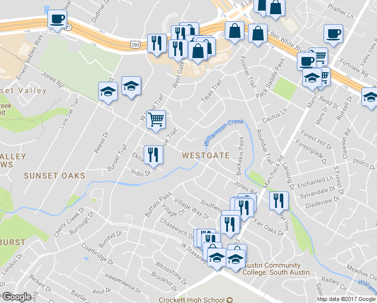map of restaurants, bars, coffee shops, grocery stores, and more near 2414 Jones Road in Austin