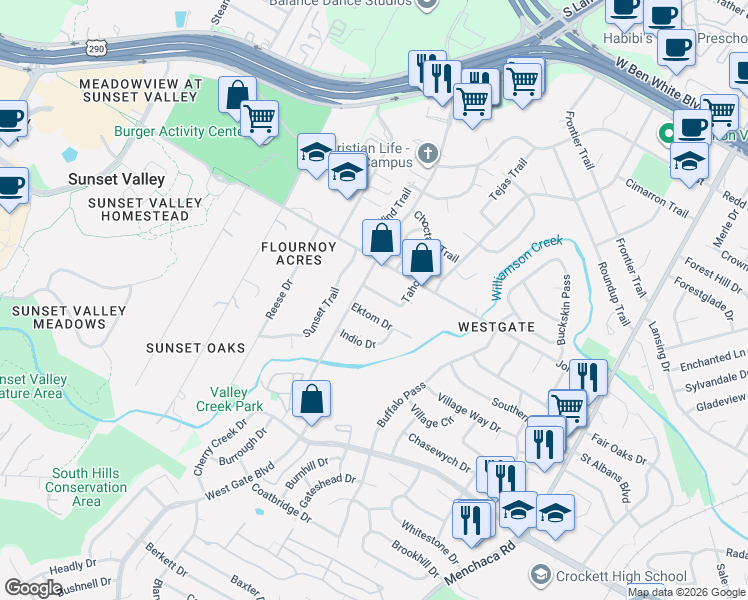 map of restaurants, bars, coffee shops, grocery stores, and more near 2617 Ektom Drive in Austin