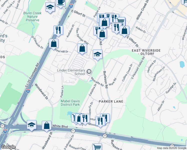 map of restaurants, bars, coffee shops, grocery stores, and more near 2829 Metcalfe Road in Austin