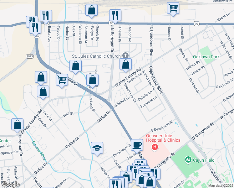 map of restaurants, bars, coffee shops, grocery stores, and more near 1400 Bertrand Drive in Lafayette