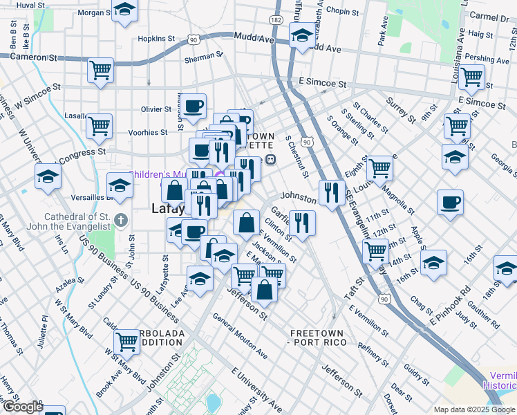 map of restaurants, bars, coffee shops, grocery stores, and more near 211 Clinton Street in Lafayette