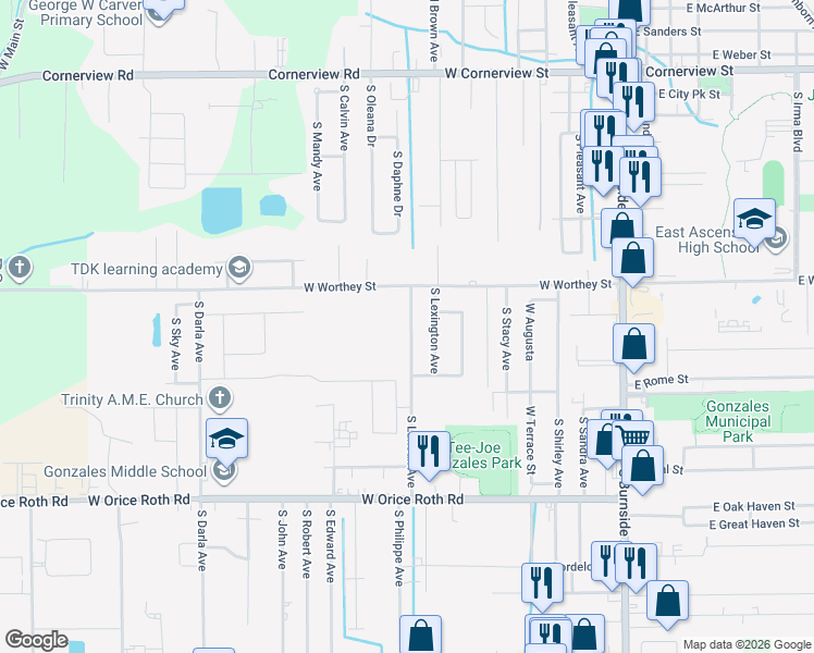 map of restaurants, bars, coffee shops, grocery stores, and more near 1211 South Lexington Avenue in Gonzales