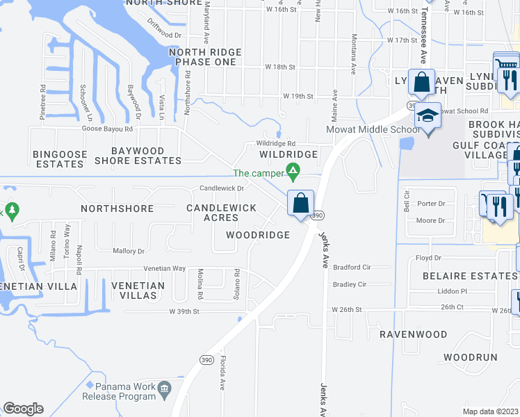 map of restaurants, bars, coffee shops, grocery stores, and more near 4083 Woodridge Place in Panama City