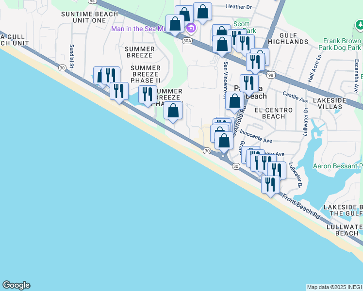 map of restaurants, bars, coffee shops, grocery stores, and more near 17205 Front Beach Rd in Panama City Beach