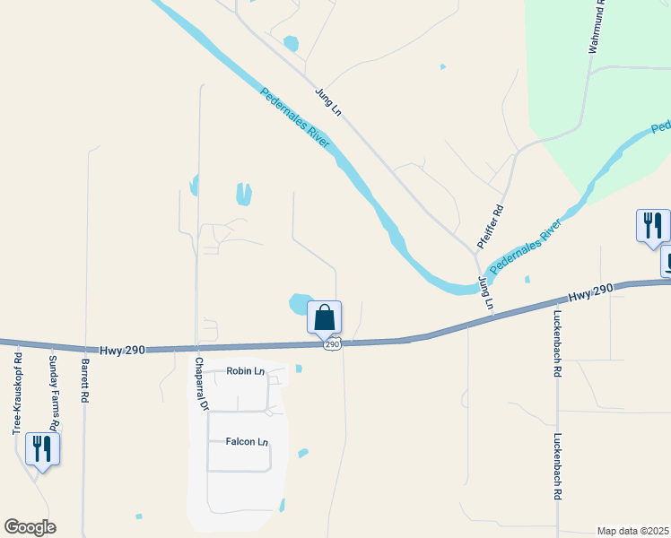 map of restaurants, bars, coffee shops, grocery stores, and more near 320 Happy Trail in Fredericksburg