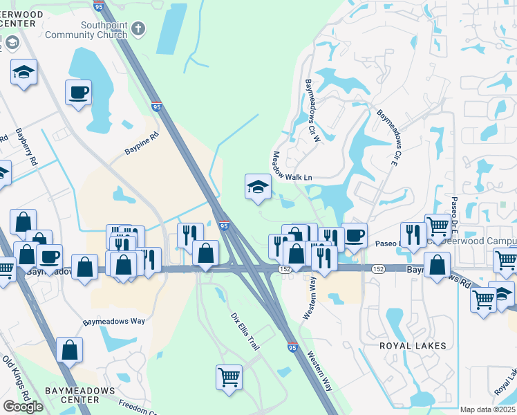 map of restaurants, bars, coffee shops, grocery stores, and more near 9000 Cypress Green Drive in Jacksonville