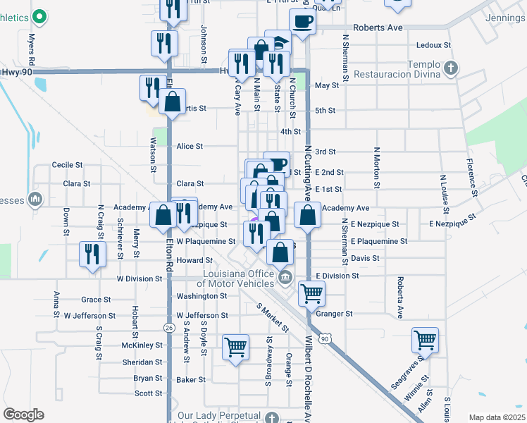map of restaurants, bars, coffee shops, grocery stores, and more near 432 North Main Street in Jennings