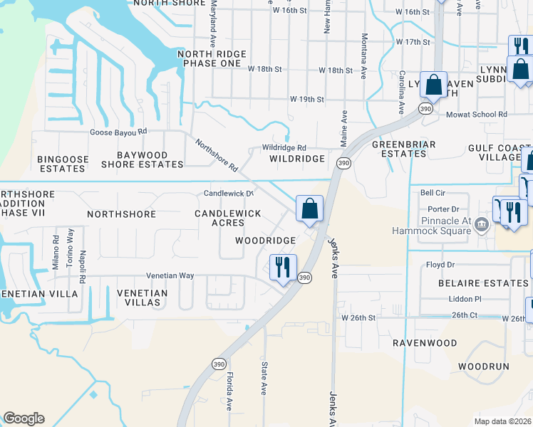 map of restaurants, bars, coffee shops, grocery stores, and more near 4083 Woodridge Place in Panama City