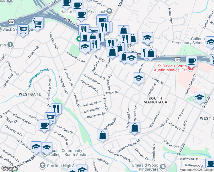 map of restaurants, bars, coffee shops, grocery stores, and more near 4614 Philco Drive in Austin