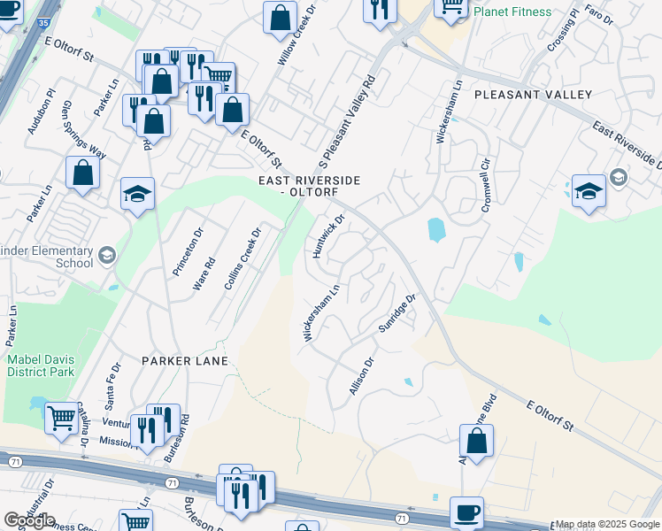 map of restaurants, bars, coffee shops, grocery stores, and more near 2501 Wickersham Lane in Austin