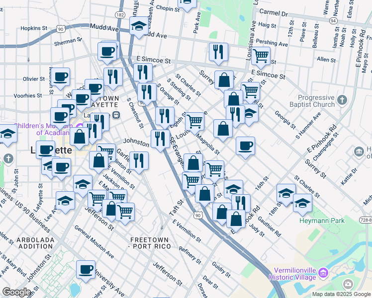 map of restaurants, bars, coffee shops, grocery stores, and more near 205 11th Street in Lafayette