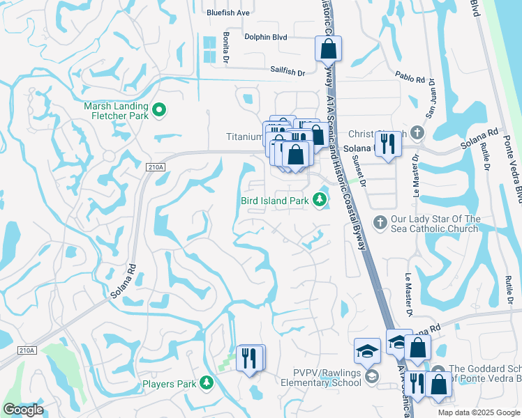 map of restaurants, bars, coffee shops, grocery stores, and more near 100 Nautilus Court in Ponte Vedra Beach