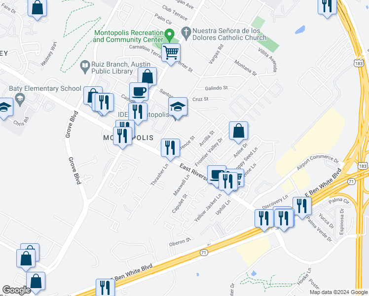 map of restaurants, bars, coffee shops, grocery stores, and more near 6900 Idea Road in Austin