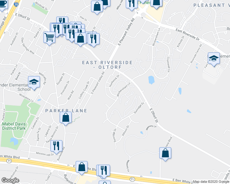 map of restaurants, bars, coffee shops, grocery stores, and more near 2504 Huntwick Drive in Austin