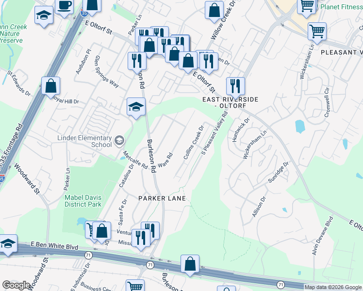map of restaurants, bars, coffee shops, grocery stores, and more near 2709 Ware Road in Austin